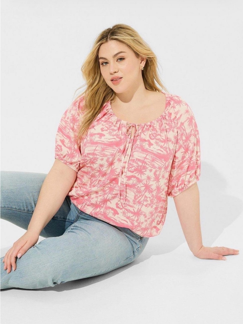 NWT | Sz L | Pink Washable Crinkle Gauze Blouson Short Sleeve